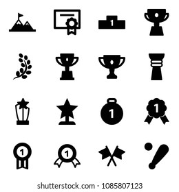Solid vector icon set - attainment vector, certificate, pedestal, cup, golden branch, win, gold, award, medal, flags cross, baseball bat