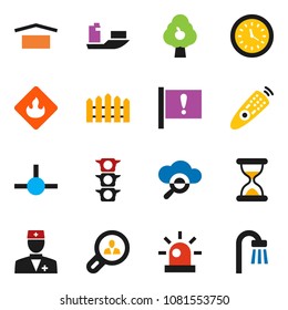 solid vector icon set - attention vector, traffic light, ship, clock, dry cargo, flammable, remote control, doctor, sand, connect, cloud glass, siren, fruit tree, fence, client search, bath
