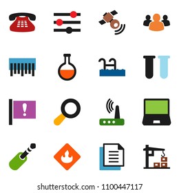 solid vector icon set - attention vector, document, flammable, barcode, satellitie, notebook pc, classic phone, group, jack, flask, vial, equalizer, router, magnifier, pool, construction crane
