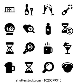 Solid vector icon set - automatic doors vector, wine, glasses, champagne, snowball house, heart diagnosis, milk, account history, sand clock, search money, green tea, drink, beer, magnifier