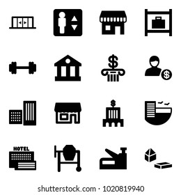 Solid vector icon set - automatic doors vector, elevator, duty free, baggage room, barbell, bank, account, building, store, hotel, sea, cocncrete mixer, stapler, constructor blocks
