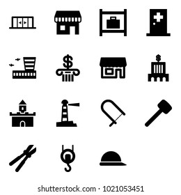 Solid vector icon set - automatic doors vector, duty free, baggage room, first aid, airport building, bank, store, sand fort, lighthouse, fretsaw, rubber hammer, bolt cutter, winch
