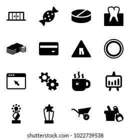 Solid vector icon set - automatic doors vector, candy, pill, tooth, cash, credit card, Road narrows sign, prohibition, cursor browser, gear, hot tea, presentation chart, award, wheelbarrow