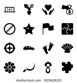 Solid vector icon set - automatic doors vector, holly, heart care, encashment, no limit road sign, star, flag, puzzle, target, limousine, feet, shell, flower, sickle, beanbag