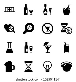 Solid vector icon set - automatic doors vector, wine, champagne, heart diagnosis, bacteria, no alcohol sign, account history, flask, drink, beer, sand clock, bulb, protect glass