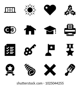 Solid vector icon set - automatic doors vector, sun, heart, holly, euro dollar, home, graduate hat, printer, list, key, flag, star medal, shell, delete, beanbag