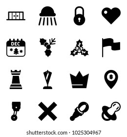 Solid vector icon set - automatic doors vector, shower, lock, heart, christmas calendar, holly, flag, chess tower, pennant, crown, atm map pin, piston, delete, beanbag, soother