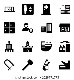 Solid vector icon set - automatic doors vector, elevator, first aid room, airport building, baggage, account, store, bank, sand fort, hotel, plant, fretsaw, rubber hammer, winch, stapler