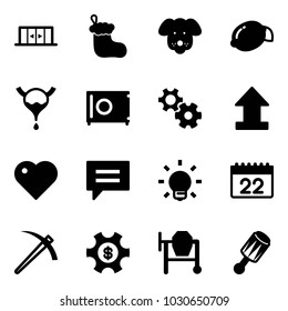 Solid vector icon set - automatic doors vector, christmas sock, dog, lemon, bladder, safe, gear, uplooad, heart, chat, bulb, calendar, job, money managemet, cocncrete mixer, beanbag