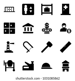 Solid vector icon set - automatic doors vector, elevator, baggage room, first aid, bank, account, lighthouse, fretsaw, rubber hammer, level, cocncrete mixer, stapler, construction helmet