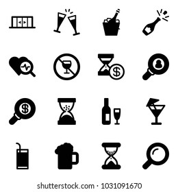 Solid vector icon set - automatic doors vector, wine glasses, champagne, heart diagnosis, no alcohol sign, account history, head hunter, search money, sand clock, drink, beer, magnifier