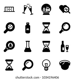 Solid vector icon set - automatic doors vector, wine glasses, snowball house, heart diagnosis, bacteria, milk, sand clock, magnifier, head hunter, flask, bulb, protect glass