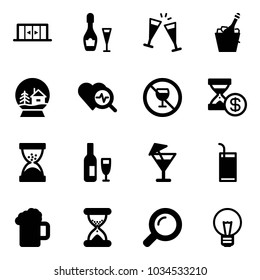 Solid vector icon set - automatic doors vector, wine, glasses, champagne, snowball house, heart diagnosis, no alcohol sign, account history, sand clock, drink, beer, magnifier, bulb