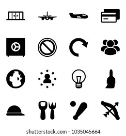 Solid vector icon set - automatic doors vector, plane, small, credit card, safe, prohibition road sign, redo, group, globe, star man, bulb, brush, construction helmet, shovel fork toy, baseball bat