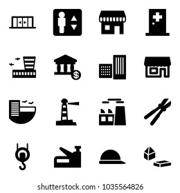 Solid vector icon set - automatic doors vector, elevator, duty free, first aid room, airport building, account, store, hotel, lighthouse, plant, bolt cutter, winch, stapler, construction helmet
