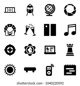Solid vector icon set - automatic doors vector, train, globe, christmas wreath, wine glasses, pause, music, target, gear, statistics monitor, chess tower, sun, skateboard, player, terms plan