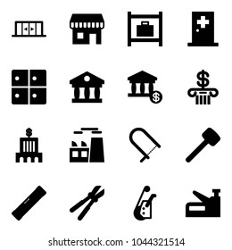Solid vector icon set - automatic doors vector, duty free, baggage room, first aid, bank, account, building, plant, fretsaw, rubber hammer, level, bolt cutter, winch, stapler
