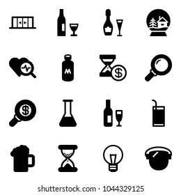 Solid vector icon set - automatic doors vector, wine, snowball house, heart diagnosis, milk, account history, magnifier, search money, flask, drink, beer, sand clock, bulb, protect glass