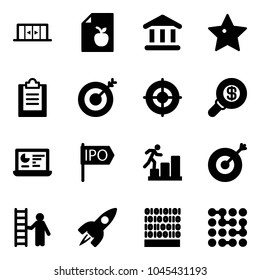 Solid vector icon set - automatic doors vector, diet list, bank, star, clipboard, target, search money, statistics monitor, ipo, career, opportunity, rocket, binary code, circuit