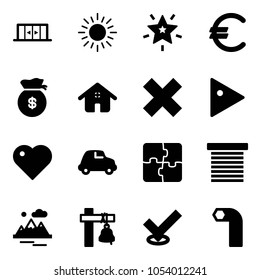 Solid vector icon set - automatic doors vector, sun, christmas star, euro, money bag, home, delete cross, play, heart, car, puzzle, jalousie, mountains, ship bell, check, allen key