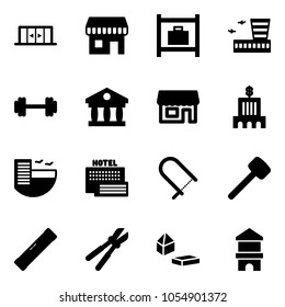 Solid vector icon set - automatic doors vector, duty free, baggage room, airport building, barbell, bank, store, hotel, sea, fretsaw, rubber hammer, level, bolt cutter, constructor blocks