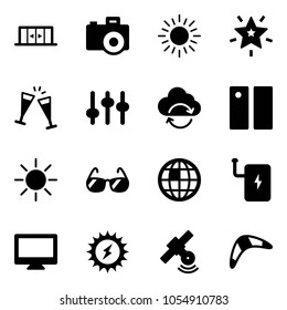 Solid vector icon set - automatic doors vector, camera, sun, christmas star, wine glasses, settings, refresh cloud, pause, sunglasses, globe, power bank, monitor, satellite, boomerang