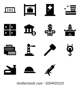 Solid vector icon set - automatic doors vector, baggage room, first aid, airport building, account, bank, sand fort, sea hotel, lighthouse, rubber hammer, winch, stapler, construction helmet