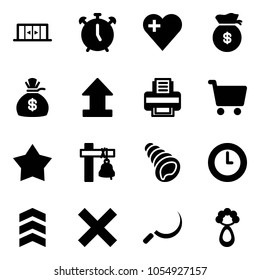 Solid vector icon set - automatic doors vector, alarm clock, heart, money bag, uplooad, printer, cart, star medal, ship bell, shell, chevron, delete, sickle, beanbag