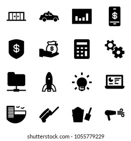 Solid vector icon set - automatic doors vector, safety car, statistics, mobile payment, safe, investment, calculator, gear, network folder, rocket, bulb, monitor, hotel, suitcase, bucket scoop