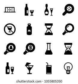 Solid vector icon set - automatic doors vector, wine, bacteria, no alcohol sign, milk, sand clock, magnifier, head hunter, search money, flask, drink, bulb