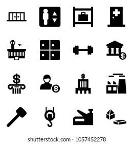 Solid vector icon set - automatic doors vector, elevator, baggage room, first aid, airport building, barbell, account, bank, plant, rubber hammer, winch, stapler, constructor blocks