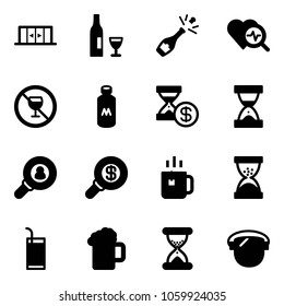 Solid vector icon set - automatic doors vector, wine, champagne, heart diagnosis, no alcohol sign, milk, account history, sand clock, head hunter, search money, green tea, drink, beer, protect glass