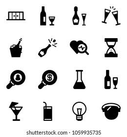 Solid vector icon set - automatic doors vector, wine, glasses, champagne, heart diagnosis, sand clock, head hunter, search money, flask, drink, bulb, protect glass