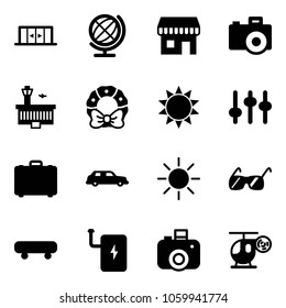Solid vector icon set - automatic doors vector, globe, duty free, camera, airport building, christmas wreath, sun, settings, case, limousine, sunglasses, skateboard, power bank, helicopter toy