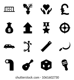 Solid vector icon set - automatic doors vector, holly, heart care, pound, money bag, uplooad, star medal, target, limousine, bezier, ruler, sickle, allen key, guitar, cube toy, beanbag