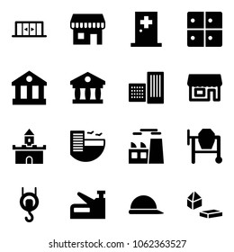 Solid vector icon set - automatic doors vector, duty free, first aid room, baggage, bank, building, store, sand fort, hotel, plant, cocncrete mixer, winch, stapler, construction helmet