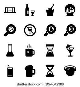 Solid vector icon set - automatic doors vector, wine, champagne, snowball house, bacteria, no alcohol sign, head hunter, search money, flask, green tea, sand clock, drink, beer, protect glass