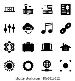 Solid vector icon set - automatic doors vector, airport building, account statement, settings, refresh cloud, music, link, gear globe, case, home, sun, record button