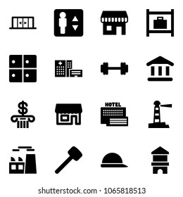 Solid vector icon set - automatic doors vector, elevator, duty free, baggage room, hospital building, barbell, bank, store, sea hotel, lighthouse, plant, rubber hammer, construction helmet