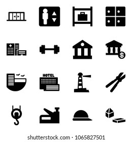 Solid vector icon set - automatic doors vector, elevator, baggage room, hospital building, barbell, bank, account, hotel, sea, lighthouse, bolt cutter, winch, stapler, construction helmet