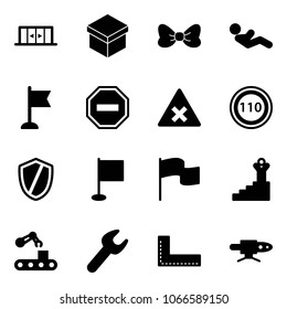 Solid vector icon set - automatic doors vector, gift, bow, abdominal muscles, flag, no way road sign, railway intersection, speed limit 110, shield, success, conveyor, wrench, corner ruler