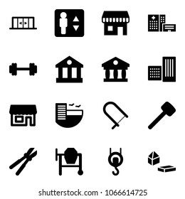 Solid vector icon set - automatic doors vector, elevator, duty free, hospital building, barbell, bank, store, hotel, fretsaw, rubber hammer, bolt cutter, cocncrete mixer, winch, constructor blocks