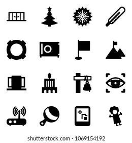Solid vector icon set - automatic doors vector, christmas tree, firework, thermometer, currency, safe, flag, mountain, bank building, ship bell, eye scanner, wi fi router, beanbag, game console