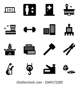 Solid vector icon set - automatic doors vector, elevator, first aid room, airport building, barbell, bank, sand fort, sea hotel, rubber hammer, bolt cutter, winch, stapler, constructor blocks
