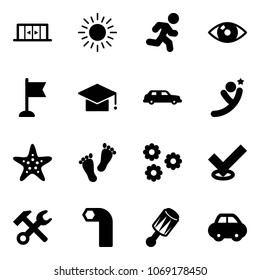 Solid vector icon set - automatic doors vector, sun, run, eye, flag, graduate hat, limousine, flying man, starfish, feet, flower, check, wrench hammer, allen key, beanbag, car