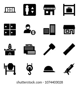 Solid vector icon set - automatic doors vector, elevator, duty free, baggage room, account, building, store, sand fort, sea hotel, rubber hammer, level, cocncrete mixer, winch, construction helmet