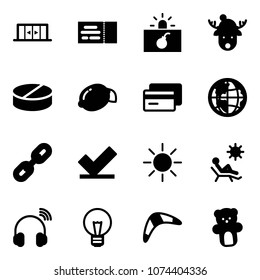 Solid vector icon set - automatic doors vector, ticket, terrorism, christmas deer hat, pill, lemon, credit card, globe, link, check, sun, beach, wireless headphones, bulb, boomerang, bear toy