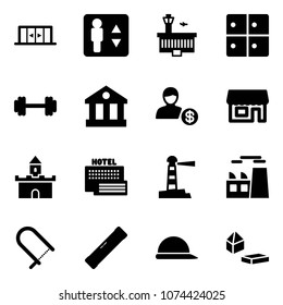 Solid vector icon set - automatic doors vector, elevator, airport building, baggage room, barbell, bank, account, store, sand fort, sea hotel, lighthouse, plant, fretsaw, level, construction helmet