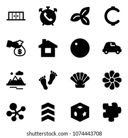 Solid vector icon set - automatic doors vector, phone alarm, three leafs, cent, encashment, home, record, car, mountains, feet, shell, flower, molecule, chevron, cube toy, puzzle