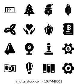Solid vector icon set - automatic doors vector, christmas tree, santa claus, drop counter, three leafs, heart care, sweet pepper, annual report, bell, money, pawn, managemet, air balloon, battery